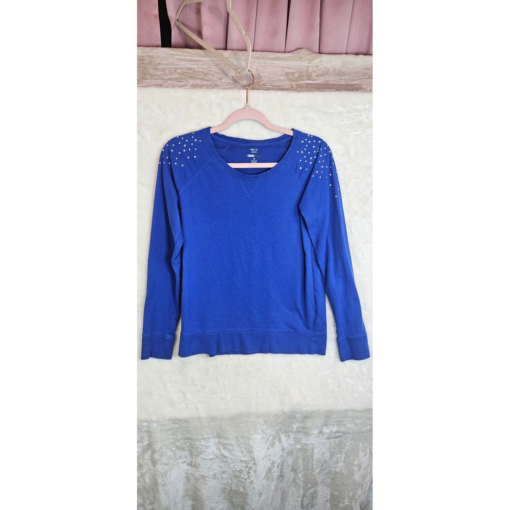 Style & Co Sport Blue Rhinestone Shoulder Essential Sweatshirt Womens Medium